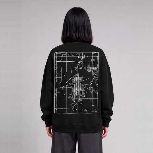 Burley map sweatshirt, back print on model - Black