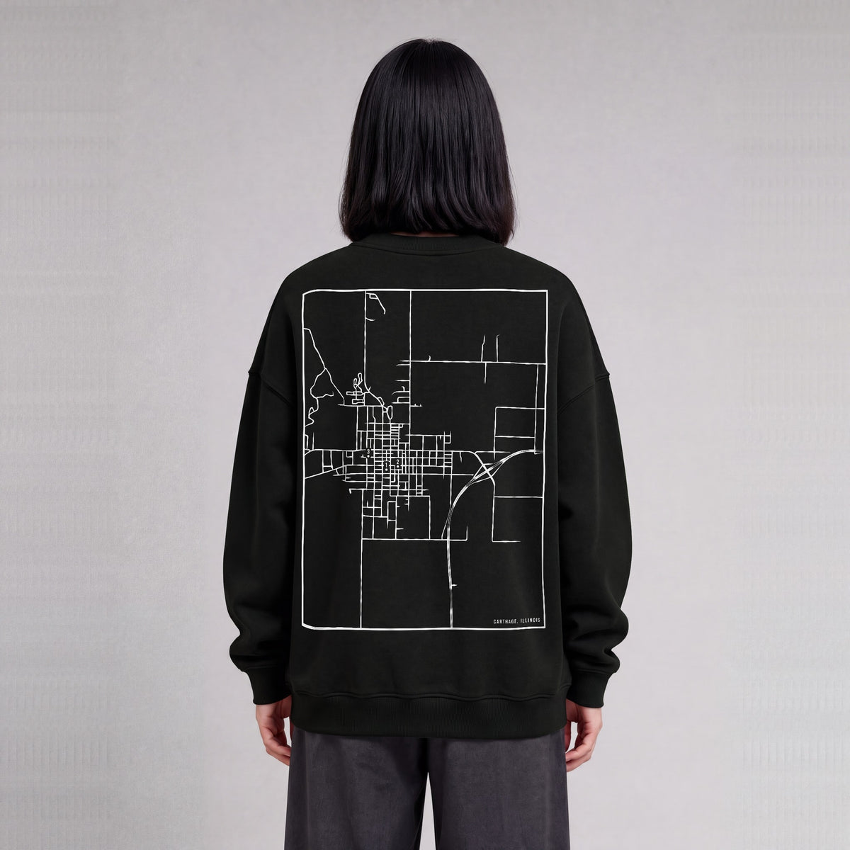 Carthage map sweatshirt, back print on model - Black