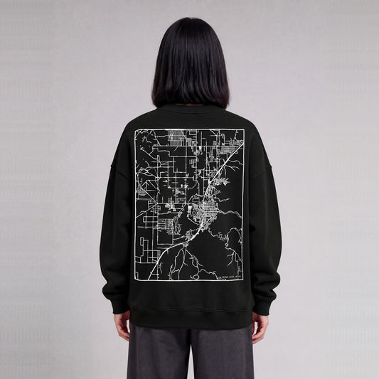 Cedar City map sweatshirt, back print on model - Black