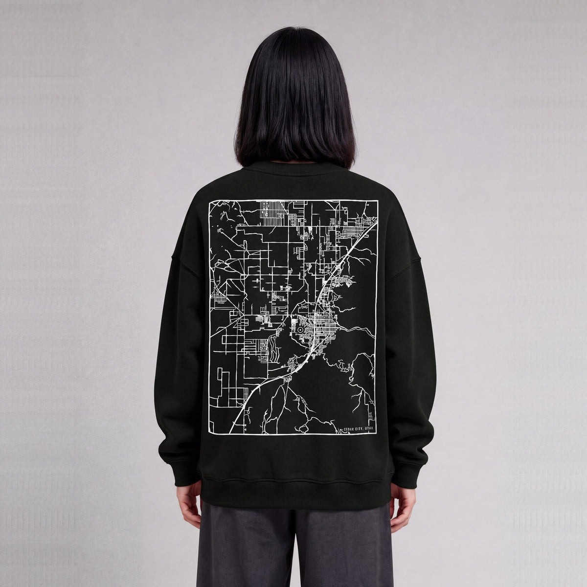 Cedar City map sweatshirt, back print on model - Black