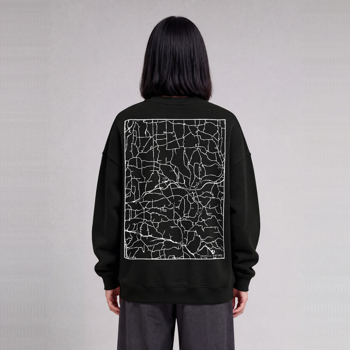 Colesville map sweatshirt, back print on model - Black