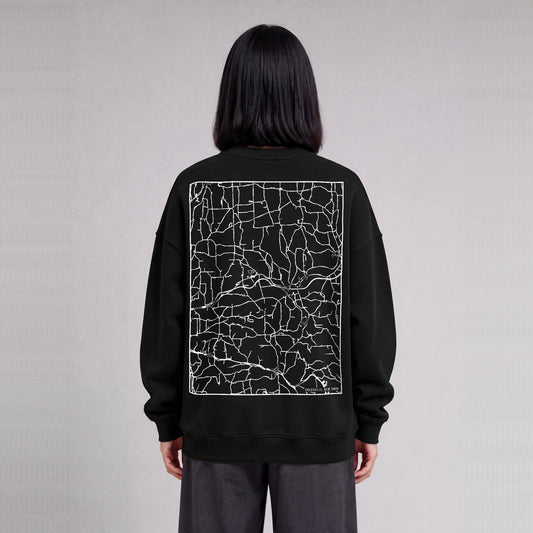 Colesville map sweatshirt, back print on model - Black