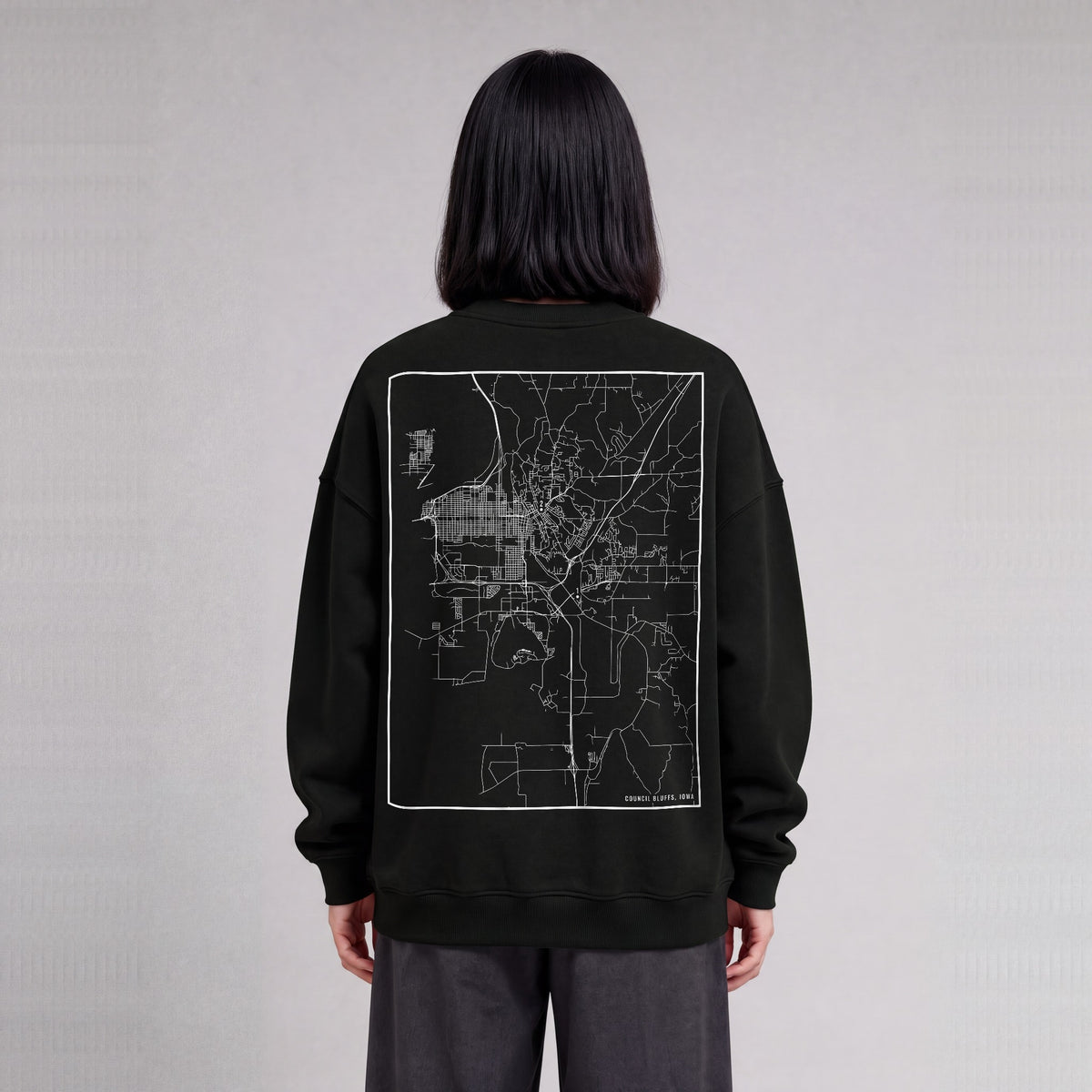 Council Bluffs map sweatshirt, back print on model - Black