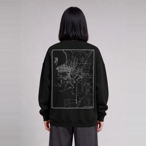 Council Bluffs map sweatshirt, back print on model - Black