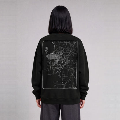 Council Bluffs map sweatshirt, back print on model - Black