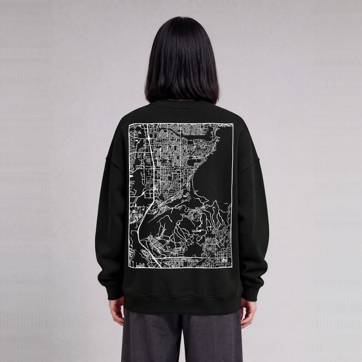 Draper map sweatshirt, back print on model - Black