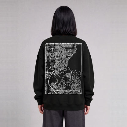 Draper map sweatshirt, back print on model - Black