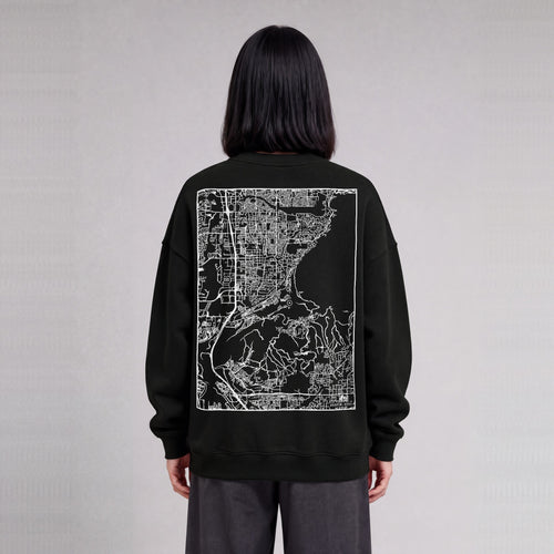 Draper map sweatshirt, back print on model - Black