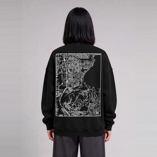 Draper map sweatshirt, back print on model - Black