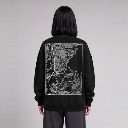 Draper map sweatshirt, back print on model - Black
