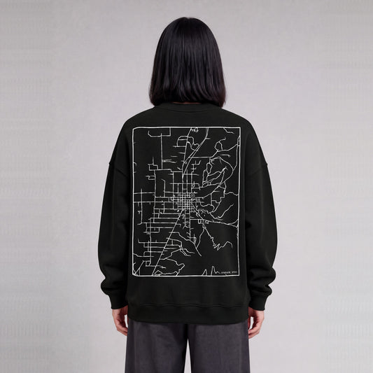 Ephraim map sweatshirt, back print on model - Black