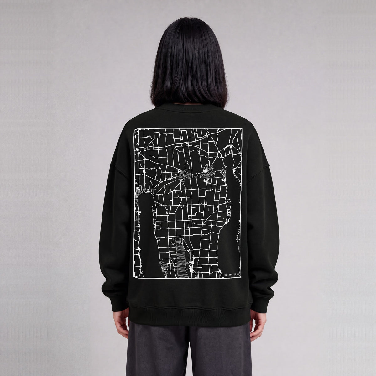 Fayette map sweatshirt, back print on model - Black