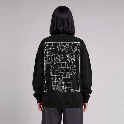Fayette map sweatshirt, back print on model - Black