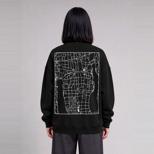 Fayette map sweatshirt, back print on model - Black