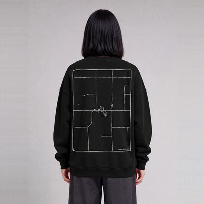 Garden Grove map sweatshirt, back print on model - Black
