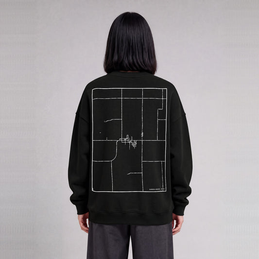 Garden Grove map sweatshirt, back print on model - Black