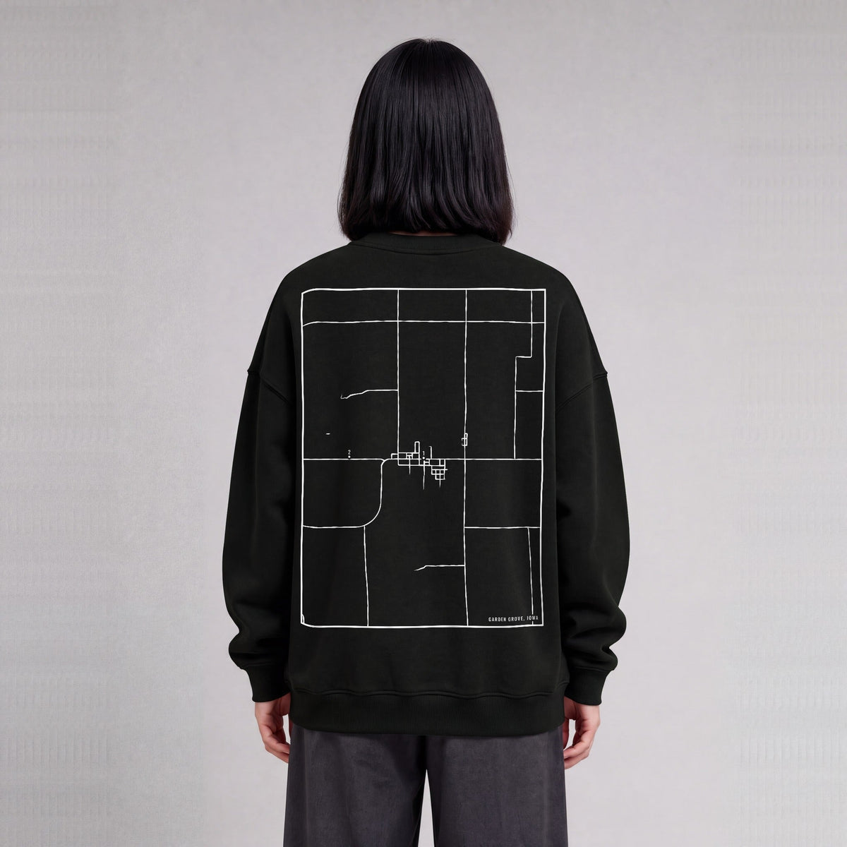 Garden Grove map sweatshirt, back print on model - Black