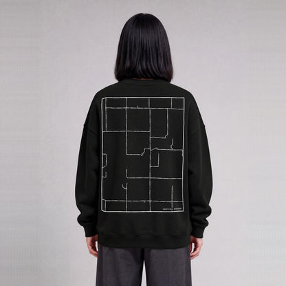 Haun's Mill map sweatshirt, back print on model - Black