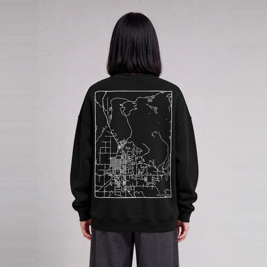 Heber City map sweatshirt, back print on model - Black