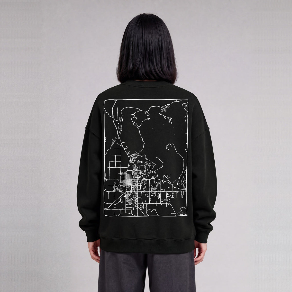 Heber City map sweatshirt, back print on model - Black