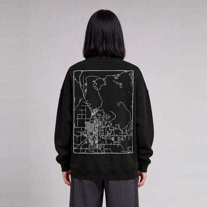 Heber City map sweatshirt, back print on model - Black