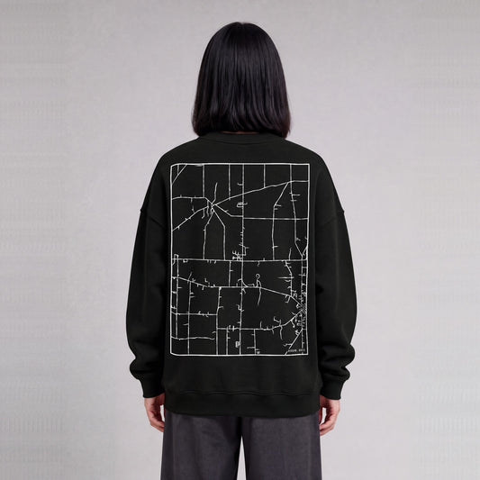 Hiram map sweatshirt, back print on model - Black