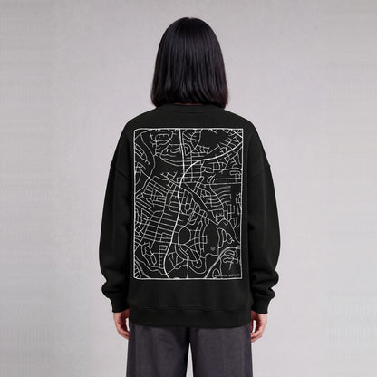 Kensington map sweatshirt, back print on model - Black