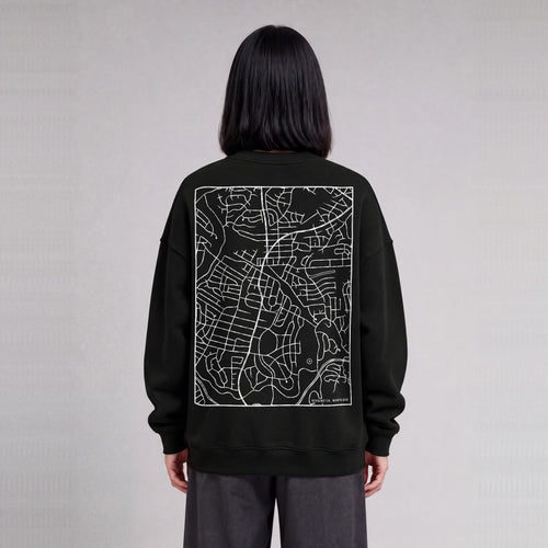 Kensington map sweatshirt, back print on model - Black