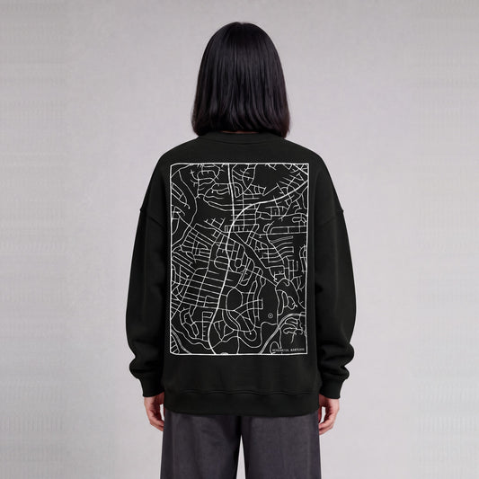 Kensington map sweatshirt, back print on model - Black