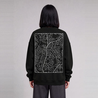 Kensington map sweatshirt, back print on model - Black