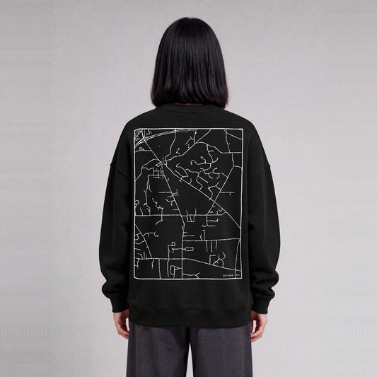 Kirtland map sweatshirt, back print on model - Black