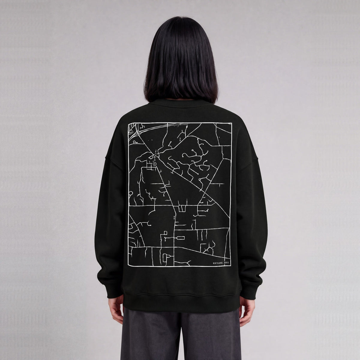Kirtland map sweatshirt, back print on model - Black