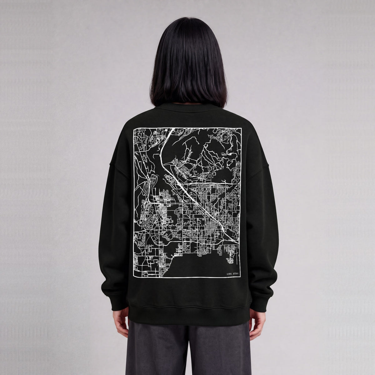 Lehi map sweatshirt, back print on model - Black