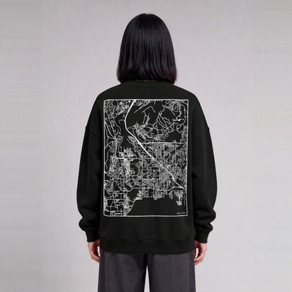 Lehi map sweatshirt, back print on model - Black