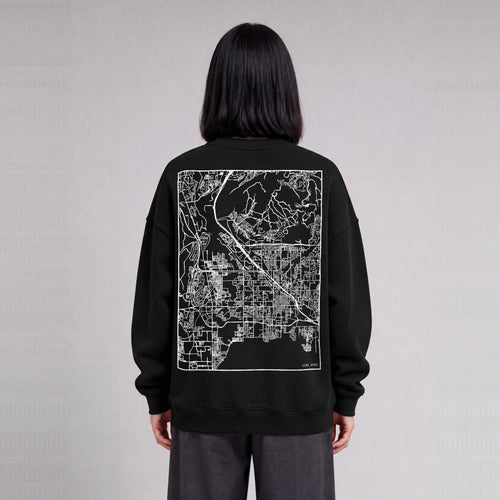 Lehi map sweatshirt, back print on model - Black