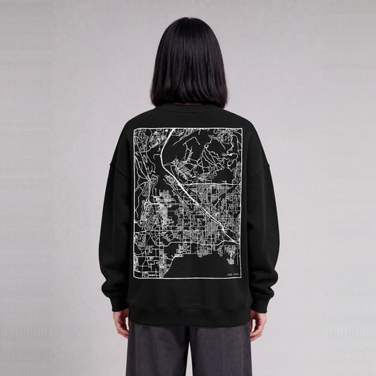 Lehi map sweatshirt, back print on model - Black
