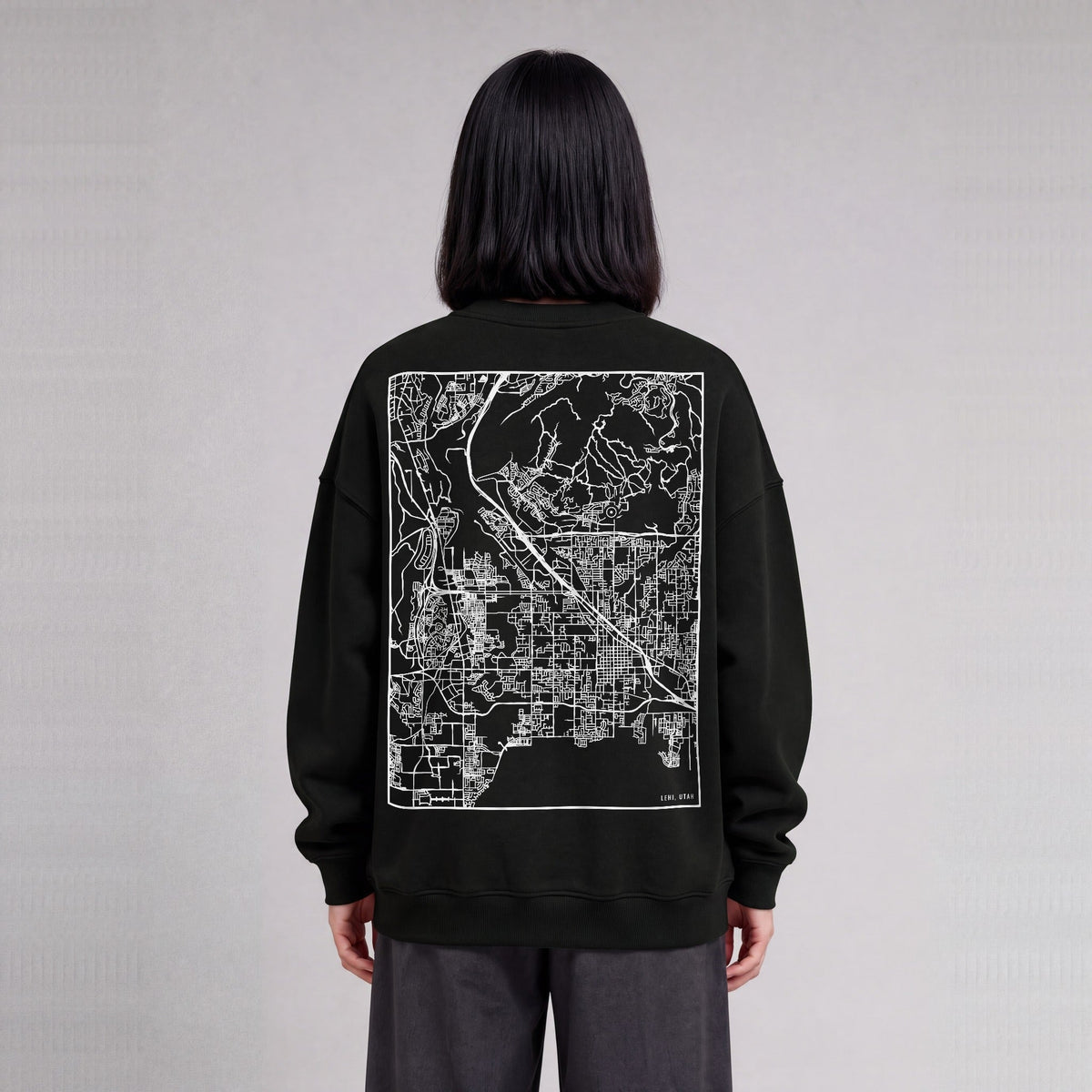 Lehi map sweatshirt, back print on model - Black