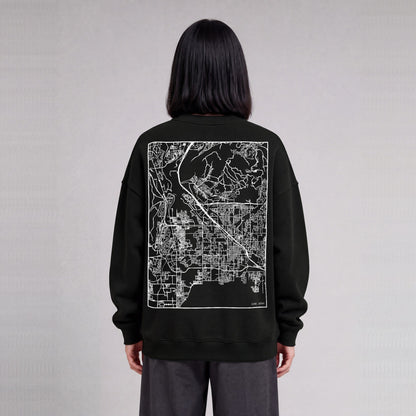 Lehi map sweatshirt, back print on model - Black