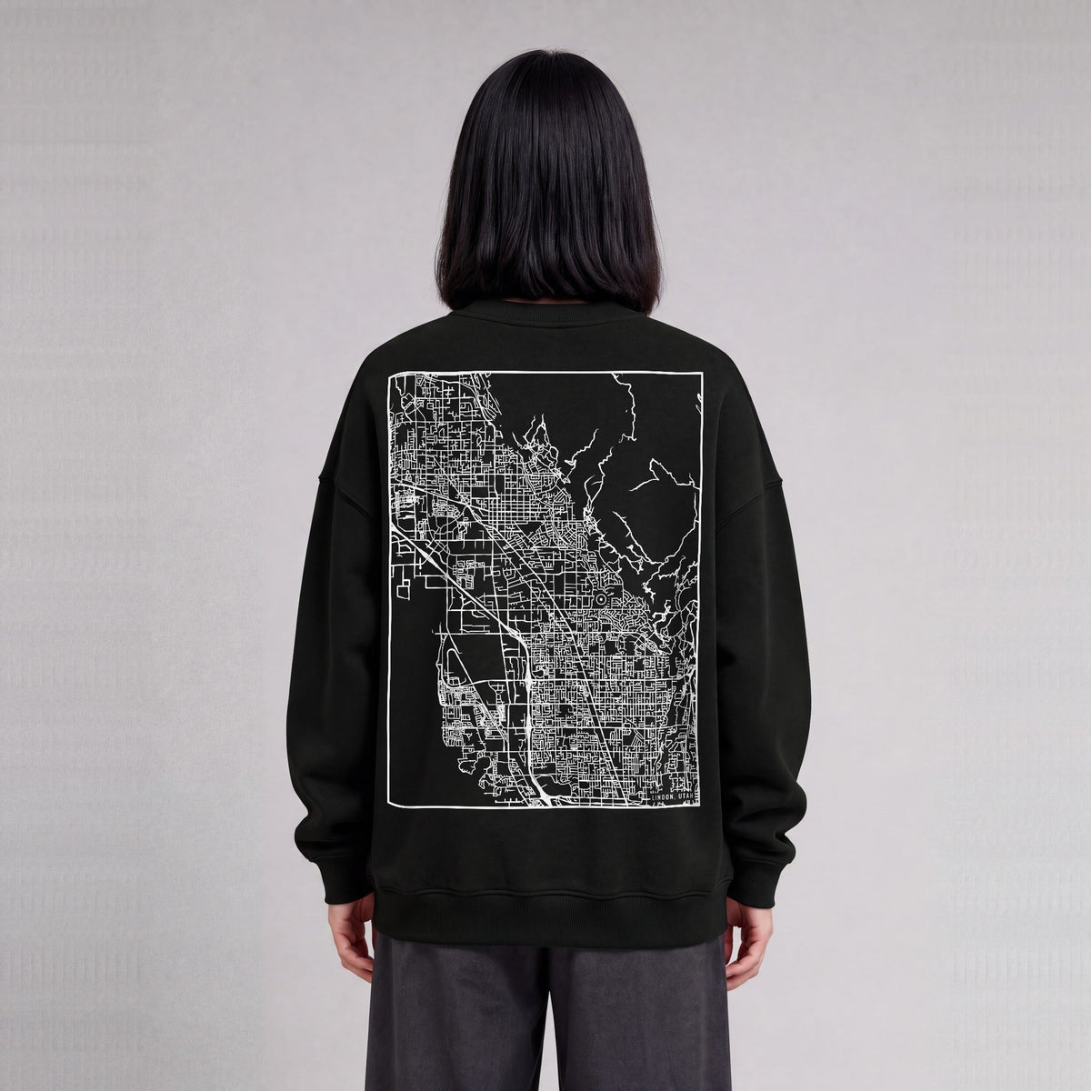 Lindon map sweatshirt, back print on model - Black