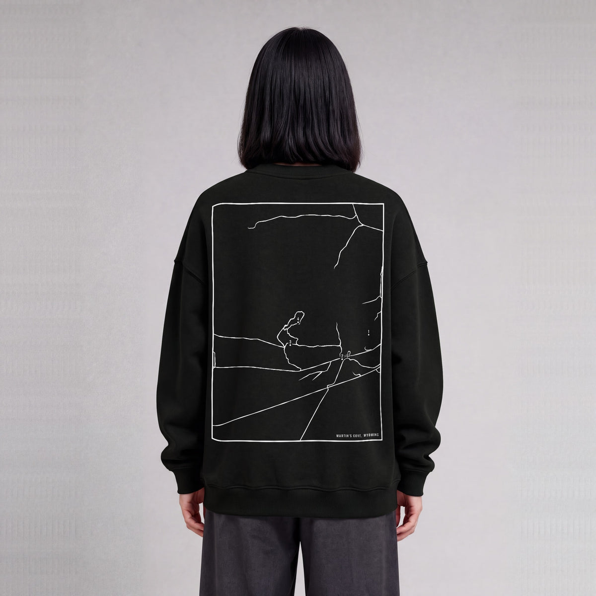 Martin's Cove map sweatshirt, back print on model - Black