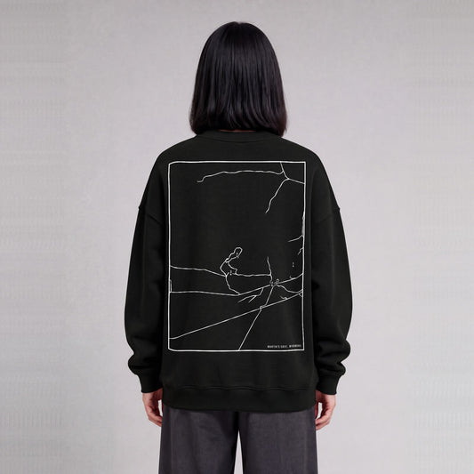 Martin's Cove map sweatshirt, back print on model - Black