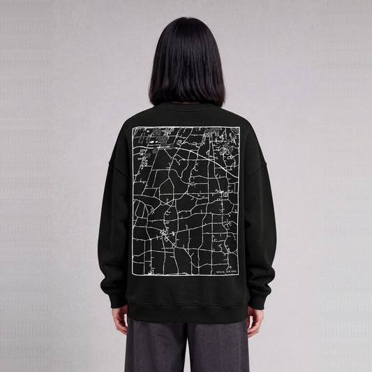 Mendon map sweatshirt, back print on model - Black