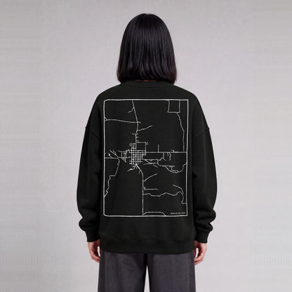 Monticello map sweatshirt, back print on model - Black