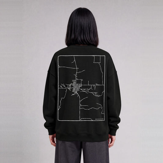 Monticello map sweatshirt, back print on model - Black
