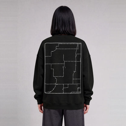 Mount Pisgah map sweatshirt, back print on model - Black