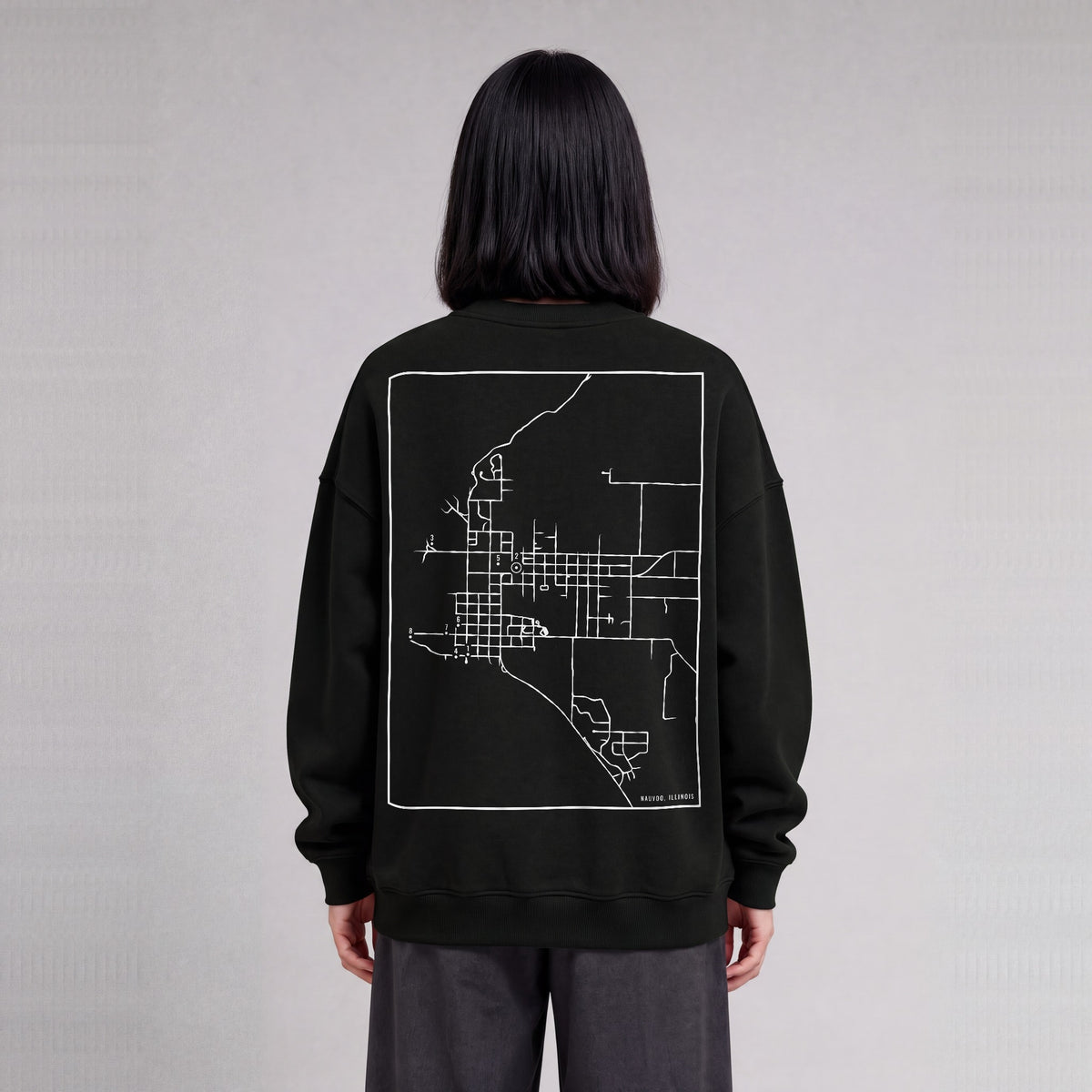 Nauvoo map sweatshirt, back print on model - Black