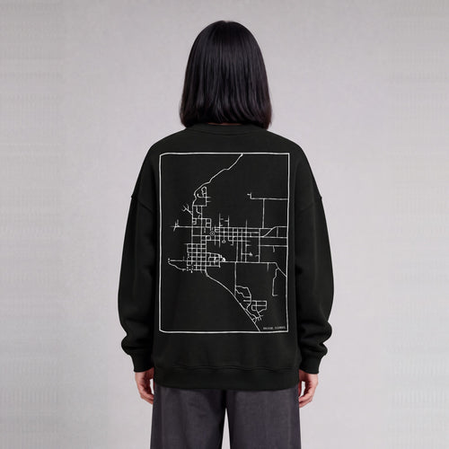 Nauvoo map sweatshirt, back print on model - Black