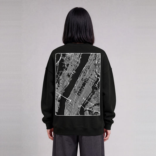 New York map sweatshirt, back print on model - Black