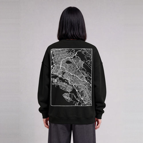 Oakland map sweatshirt, back print on model - Black