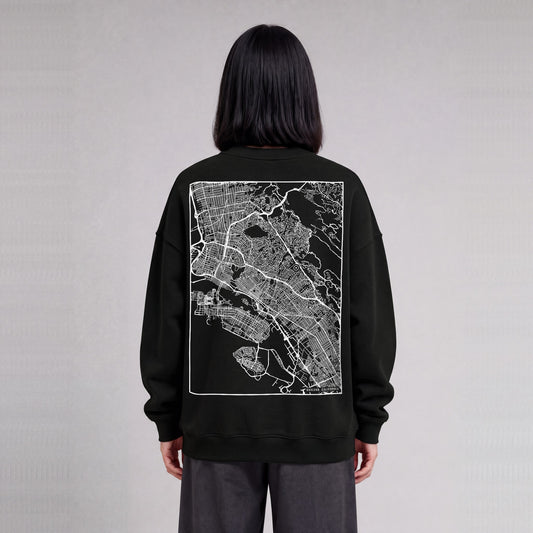 Oakland map sweatshirt, back print on model - Black
